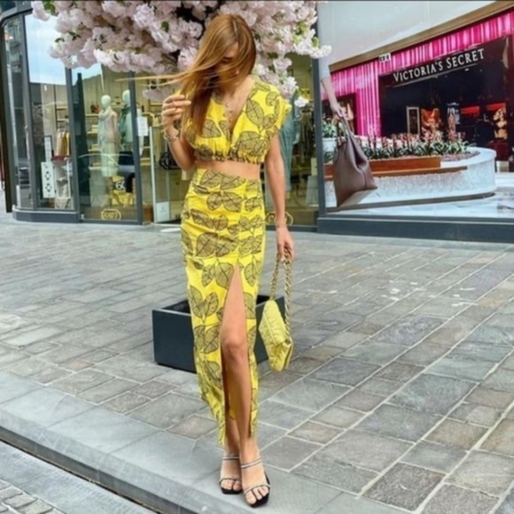 Zara Printed Linen Blend Leaf Midi Skirt Yellow Black XS NWT - Picture 8 of 10